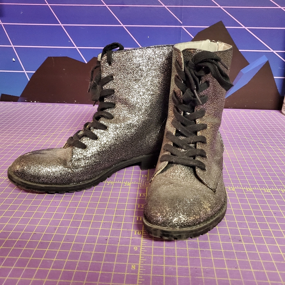 Glittery silver lace up Boots. 9 black sole. In great condition